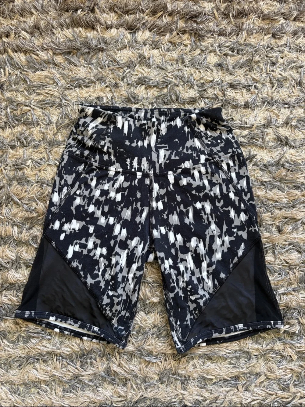 Black & White Abstract Athletic Shorts with Mesh Accents XS